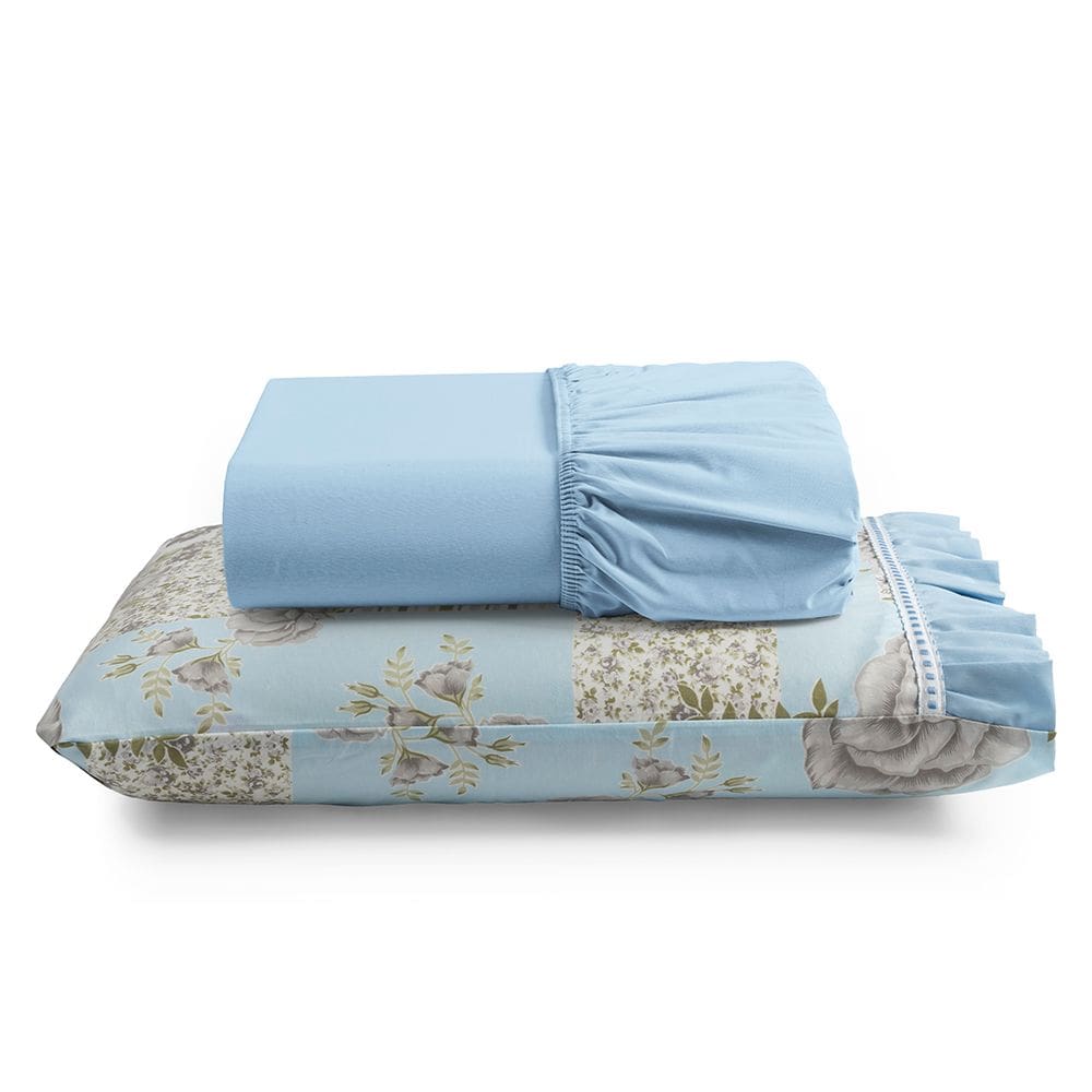 Jogo Cama Lençol Fiore Solteiro Estampado 180 Fios 100% Algodão com Babadinho 2 Peças Azul Floral