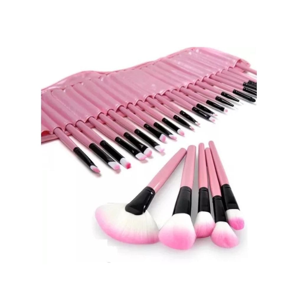 Conjunto de pincéis de maquiagem 32 profissionais de couro sintético rosa