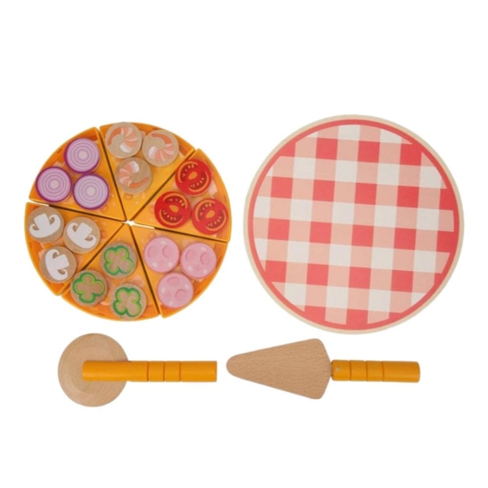 Conjunto de pizza de brinquedo de madeira de 27 peças para crianças de 3 anos ou mais com comida