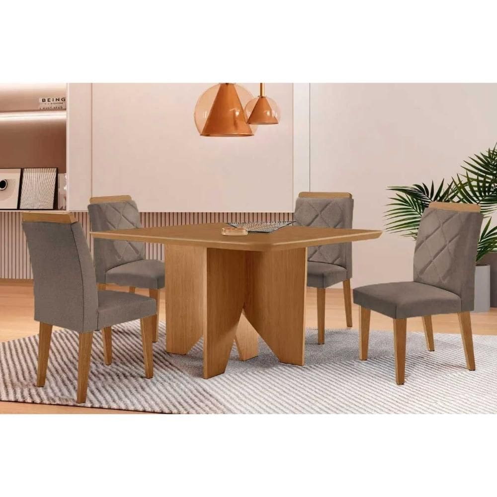 Sala de Jantar Completa Nevada c/ Tampo Madeirado Canto Curvo 90x90cm e 4 Cadeiras Pietá Madeira Maciça Naturale - Capuccino/Linho Capuccino - Rufato