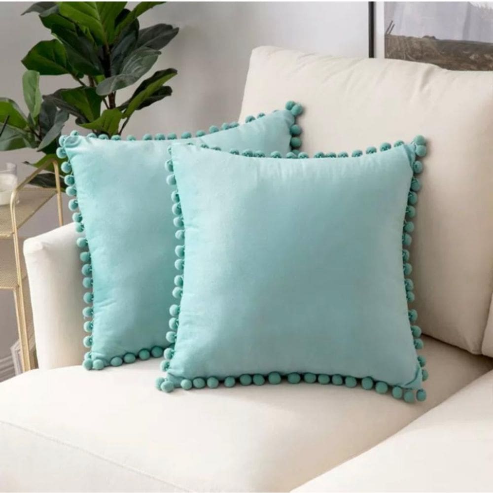 Capas de almofada, pompons, 45 x 45 cm, azul claro celestial, pacote com 2