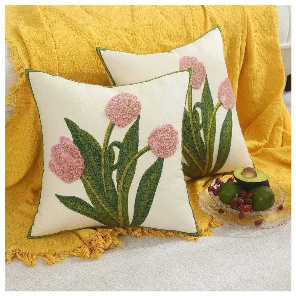 Conjunto de capas de almofada X 2 bordados de tulipa rosa 45x45 cm
