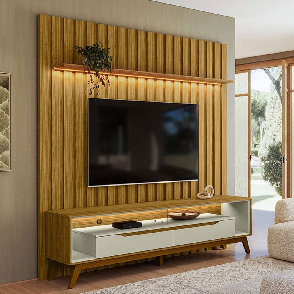 Rack com Painel para TV Até 70 Polegadas London 2 Portas 1 Prateleira Cedro/Off White - Olivar Móveis
