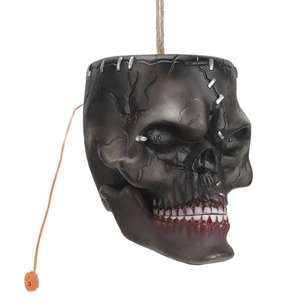 Cranio Hallowen Assustador Sensor Acende Olhos Mexe Boca Som Barulho Caveira Decoraçao Festa Terror
