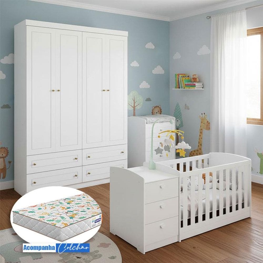Berço Multifuncional Atlanta e Guarda Roupa Americano 4 Portas Henn Ambiente Branco Fosco com Colchão Gazin - Reller