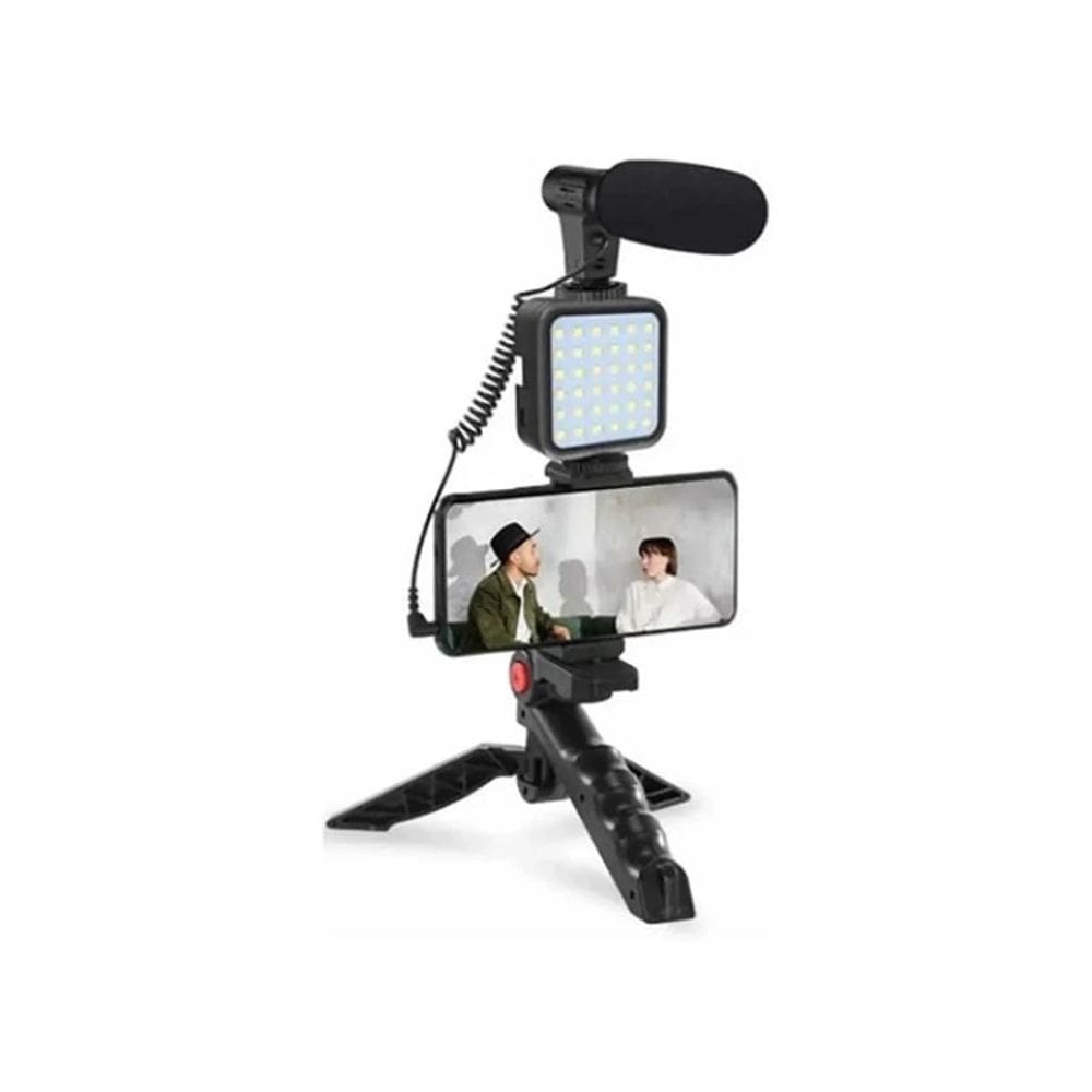 Kit de gravação com microfone de luz LED e suporte para tripé