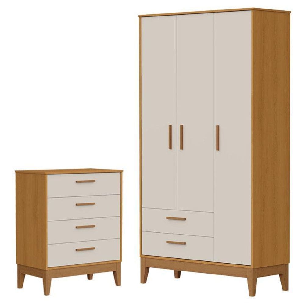 Guarda Roupa Infantil Flip 3 Portas com Cômoda Gaveteiro Infantil Flip Areia Acetinado Savana - Reller
