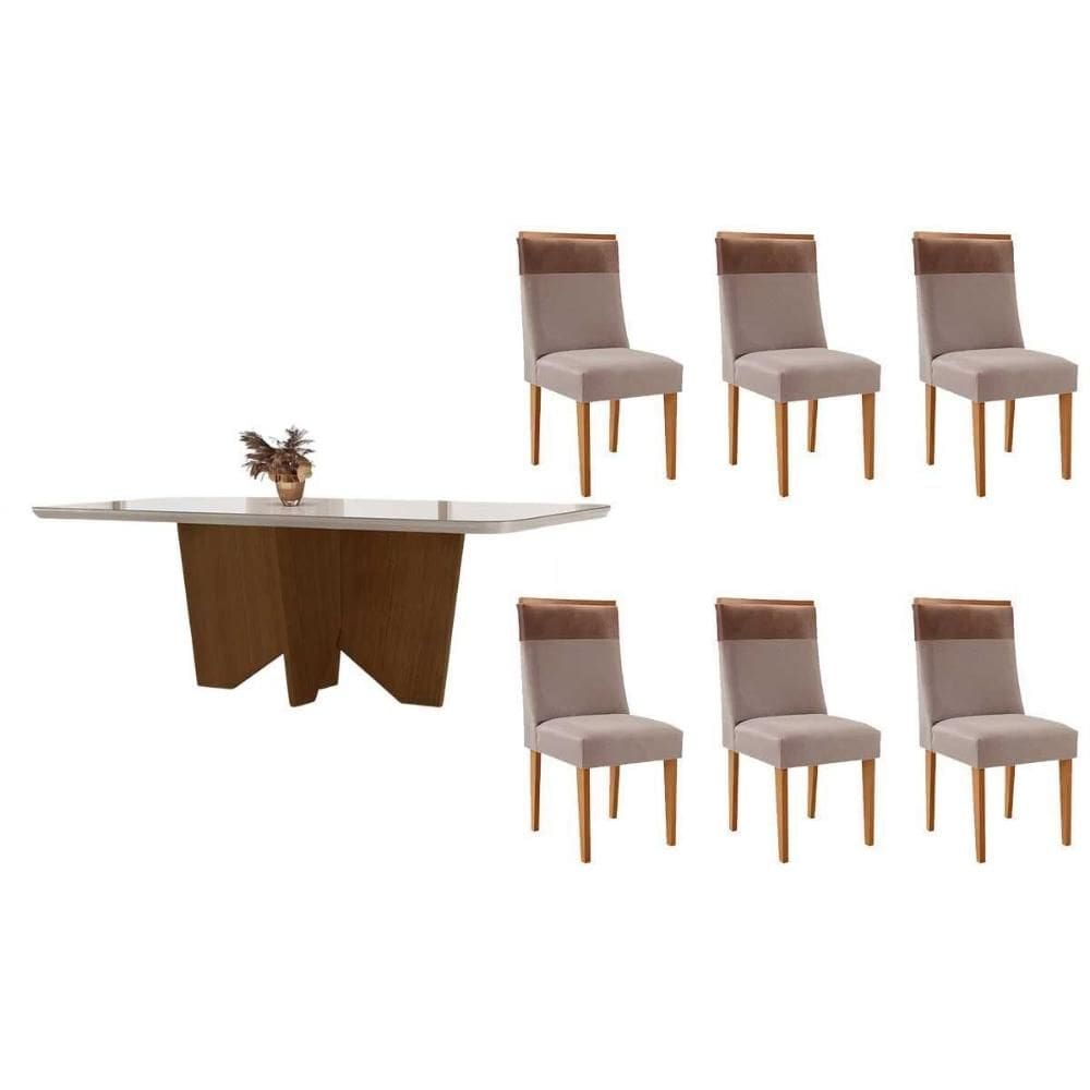 Conjunto Sala de Jantar Nevada c/ Tampo Madeirado c/ Vidro Canto Curvo 180x90cm e 6 Cadeiras Jaspe Madeira Maciça Naturale/Off White - Capuccino/Linho