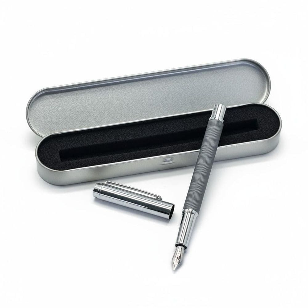 Caneta Tinteiro Executiva Pena Cinza Caixa Metal 0,5Mm Luxo