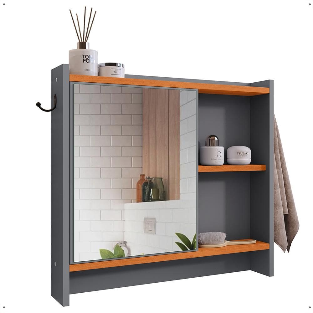 Espelheira Genova Armário Suspenso Gancho Prateleira Organizadora Armarinho Banheiro Cinza/Cinamomo - Lojas RPM