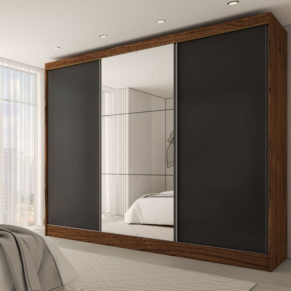 Guarda-Roupa Casal Europa 3 Portas 4 Gavetas 100% Mdf com Espelho Castanho/Preto - Panorama Móveis