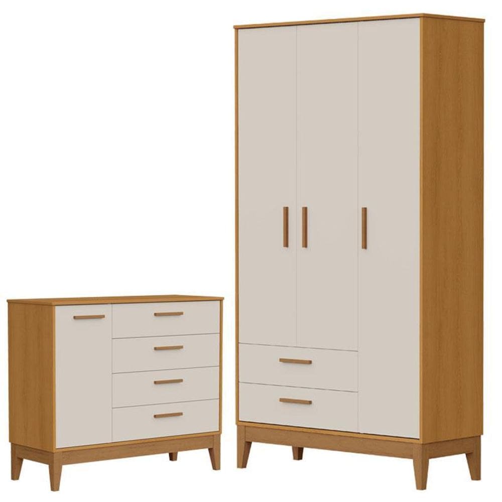 Guarda Roupa Infantil Flip 3 Portas com Cômoda Infantil Sapateira Flip Areia Acetinado Savana - Reller