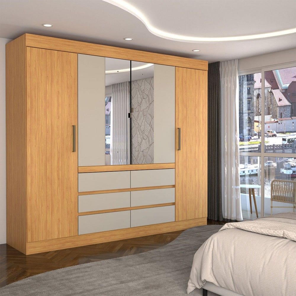 Guarda-Roupa Casal Luxuria 4 Portas 6 Gavetas com Espelho Cinamomo/Off White - Panorama Móveis