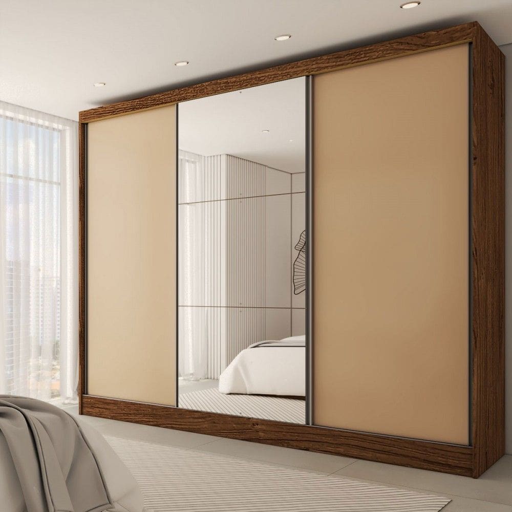 Guarda-Roupa Casal Europa 3 Portas 4 Gavetas 100% Mdf com Espelho Castanho/Nude - Panorama Móveis