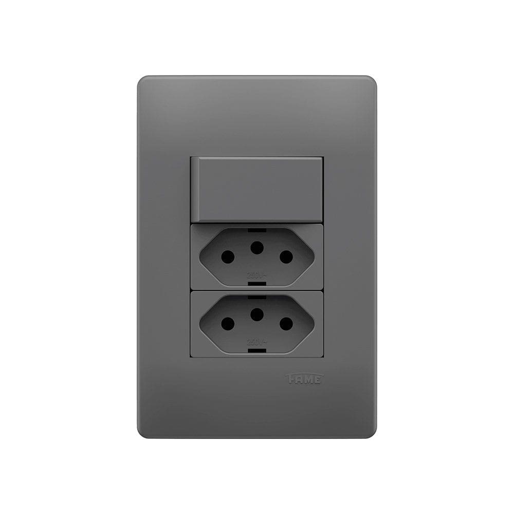 Interruptor Simples e Tomada Dupla 2P+T 10A Fame Habitat Onix com Placa 4x2