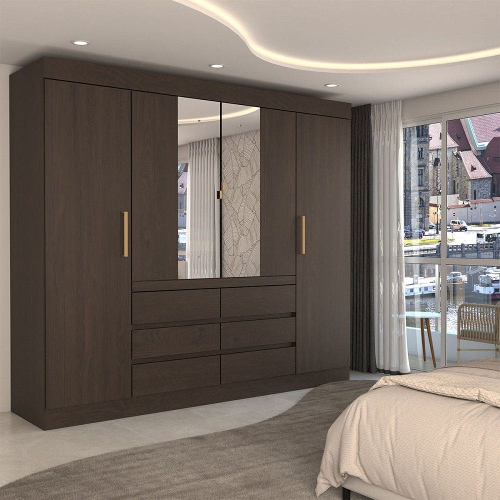 Guarda-Roupa Casal Luxuria 4 Portas 6 Gavetas com Espelho Ebano - Panorama Móveis