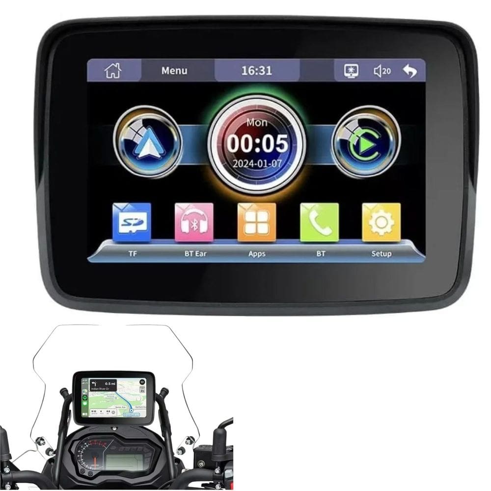 Navegador GPS Moto Espelhamento Android Auto CarPlay Tela 5 Polegadas Touch Bluetooth Motocicleta Central Multimidia