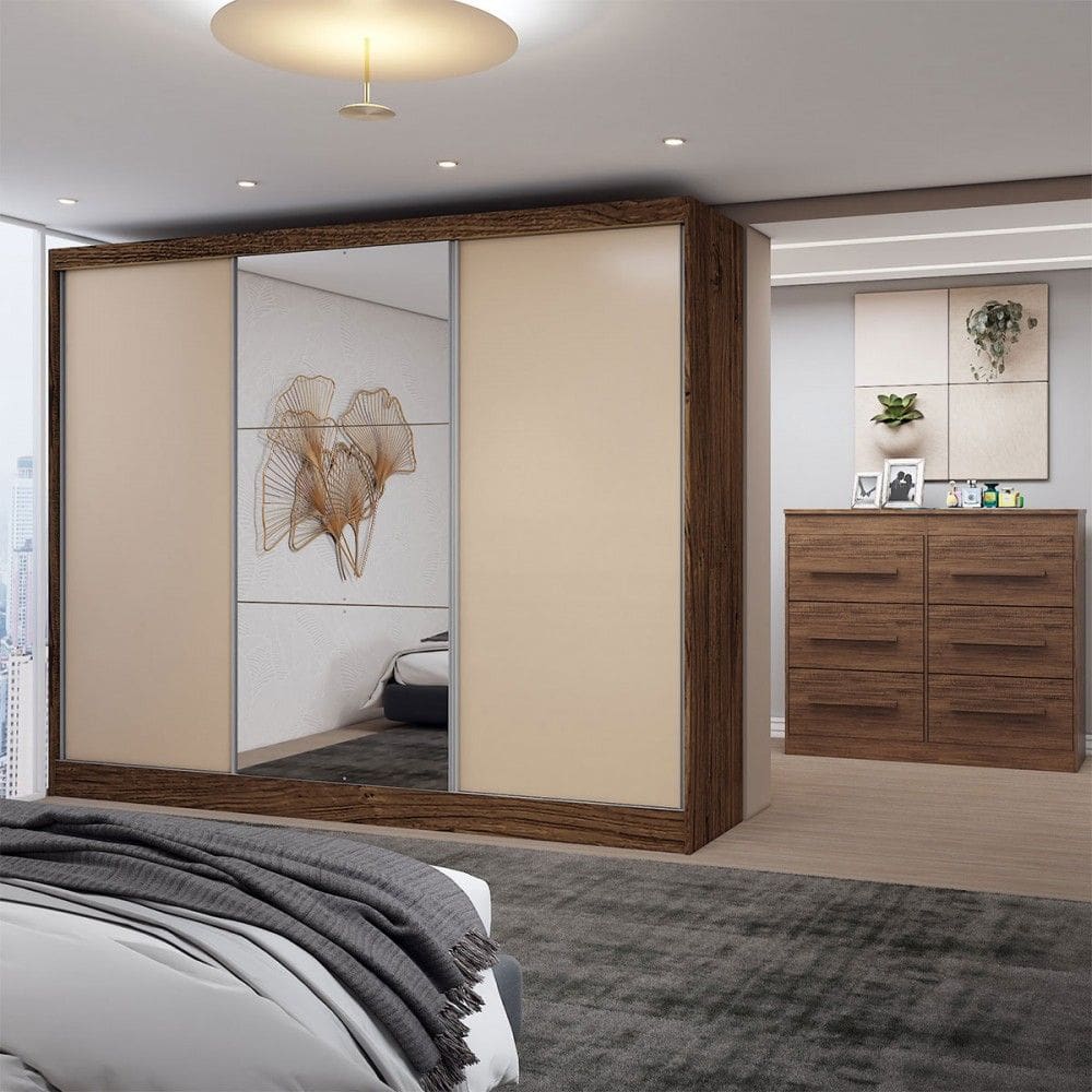 Guarda-Roupa Casal Europa 3 Portas 10 Gavetas 100% Mdf com Espelho Castanho/Nude - Panorama Móveis