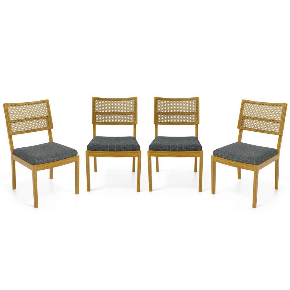Kit Com 4 Cadeiras Milena Madeira Maciça Assentos Estofados Encostos De Tela Palha Sextavada