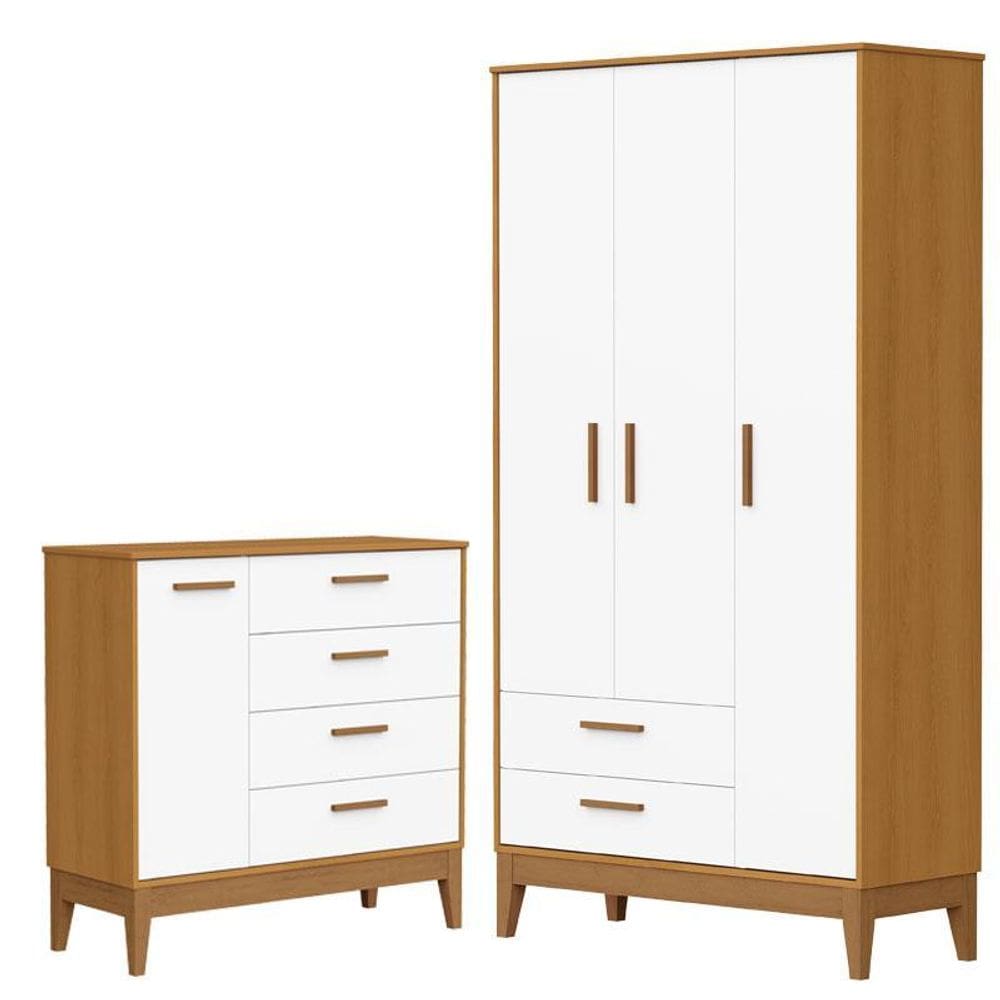 Guarda Roupa Infantil Flip 3 Portas com Cômoda Infantil Sapateira Flip Branco Acetinado Savana - Reller