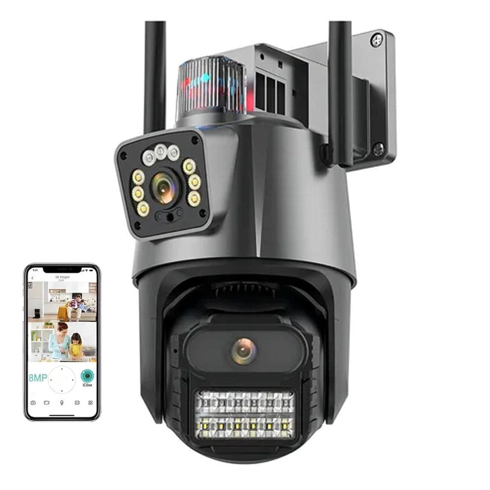 Camera de Segurança Dual Lente Duas Lentes Wifi App Alarme Sirene Sensor Movimento Microfone Alto Falante Visao Noturna