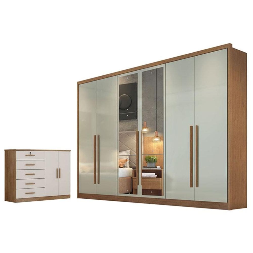 Guarda Roupa Casal Livorno com Nicho e Espelho e Cômoda Seul Cumaru 25 Fendi - Novo Horizonte