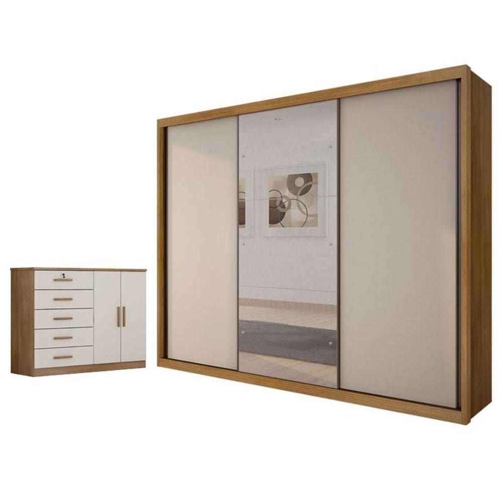 Guarda Roupa Casal Palazzo com Espelho e Cômoda Seul Cumaru 25 Fendi - Novo Horizonte