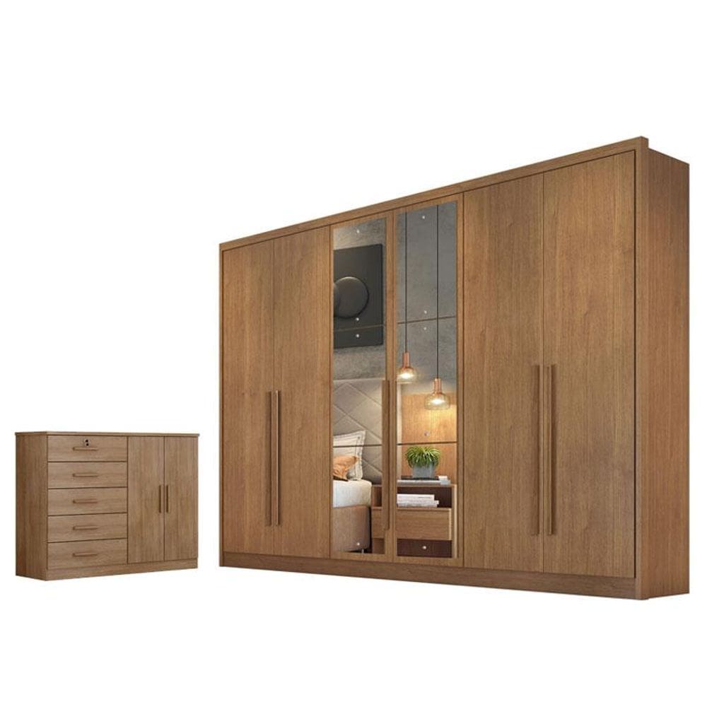 Guarda Roupa Casal Livorno com Nicho e Espelho e Cômoda Seul Cumaru 23 - Novo Horizonte