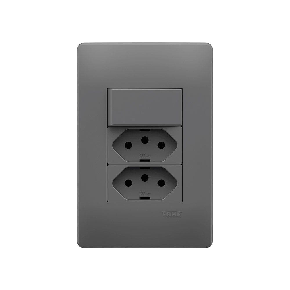 Interruptor Simples e Tomada Dupla 2P+T 20A Fame Habitat Onix com Placa 4x2