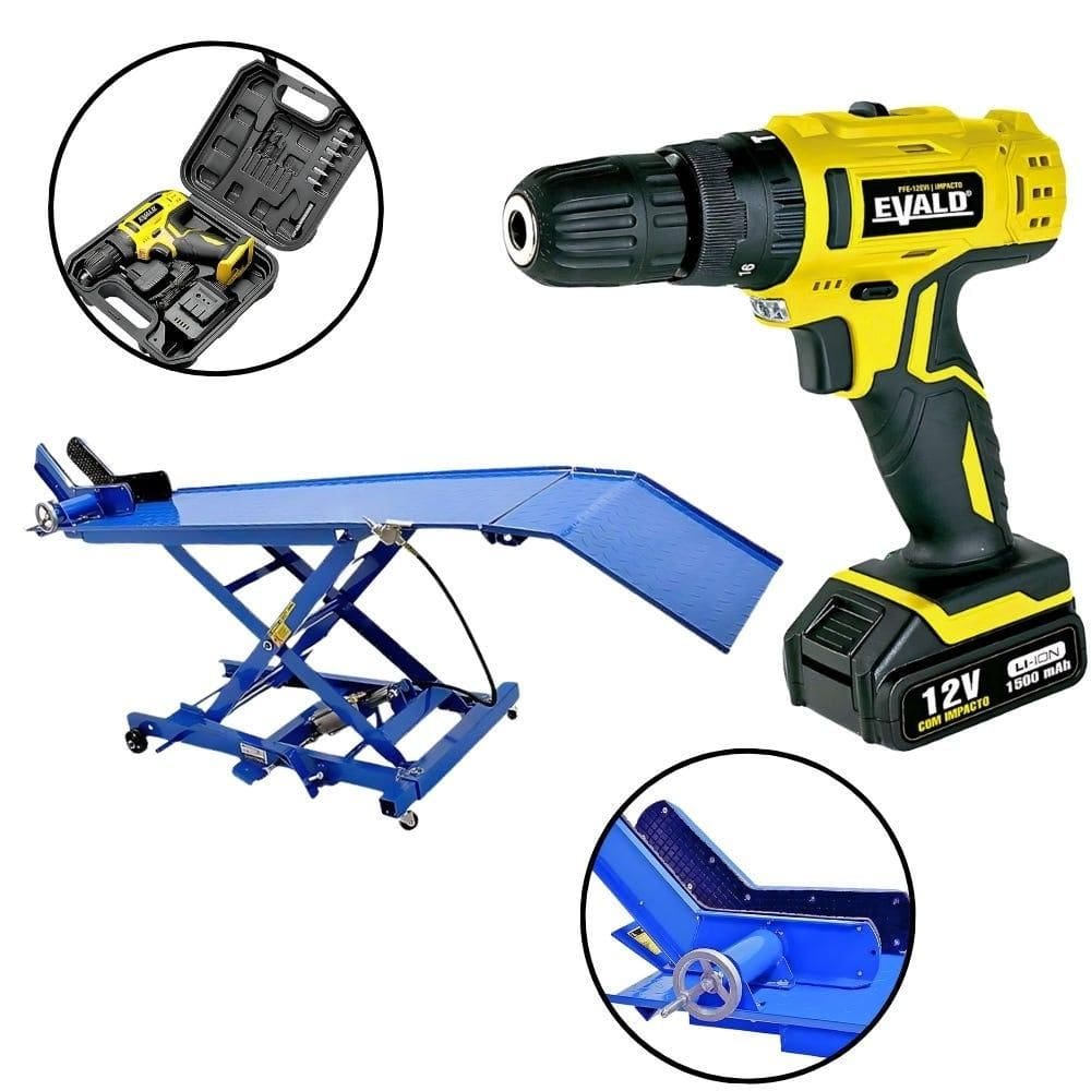 Elevador Hidropneumático e Parafusadeira Furadeira Impacto Bateria 12V EVALD