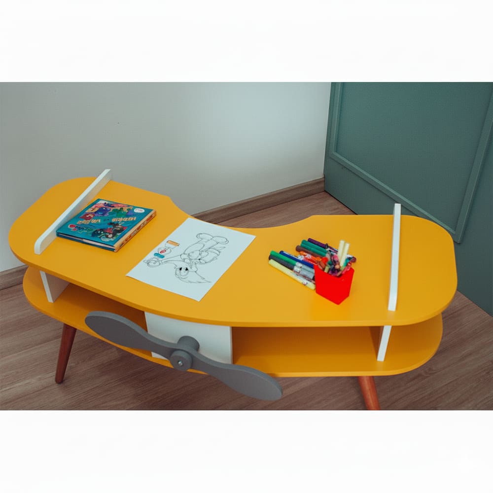 Mesa Avião Amarelo com Hélice e Pés Palito Design Criativo Mesa Desenho Quarto Menina Menino Infantil Mobília Decor