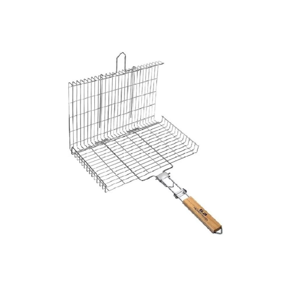 Cesta para churrasco, peixe assado, vegetais, grade dupla