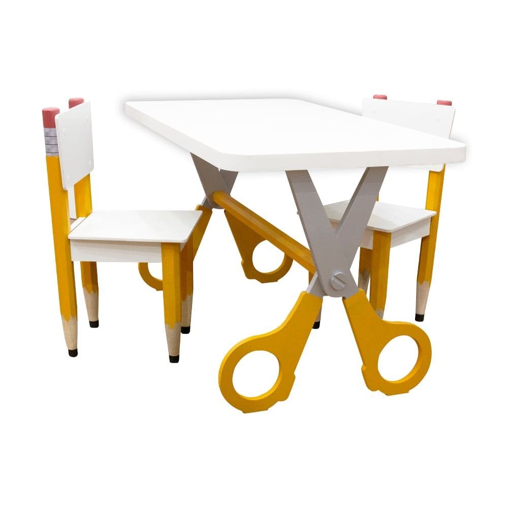 Kit 2 Cadeiras Mesa Infantil Tesoura Amarelo Tampo Branco Retangular Base Temática para Estudos e Desenhos Mobília Decor