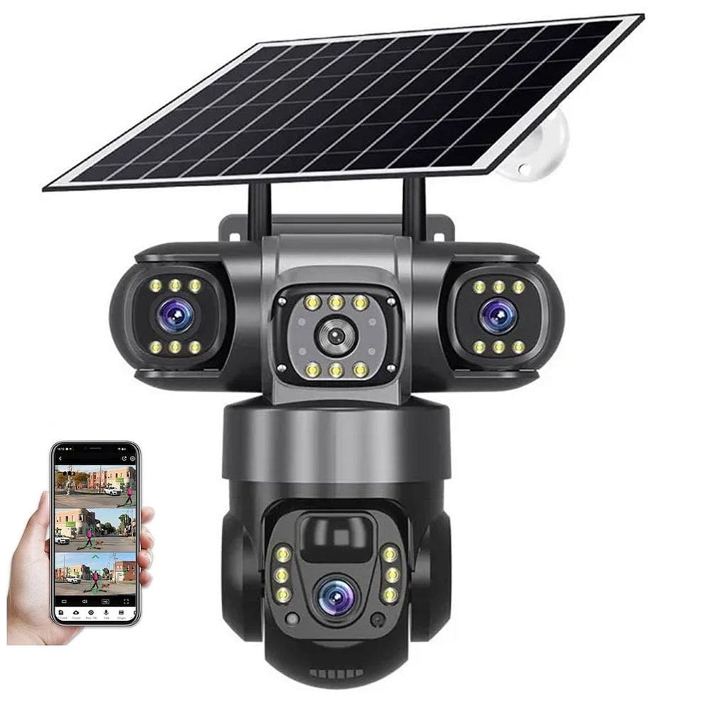 Camera de Segurança Placa Solar Lente Tripla 360 Graus WiFi HD App Sensor Presença Visao Noturna Visao Panoramica