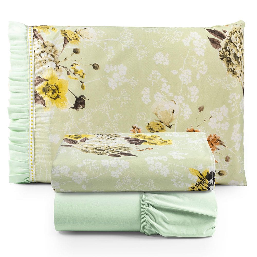 Jogo Cama Lençol Fiore Solteiro Estampado 180 Fios 100% Algodão com Babadinho 3 Peças Verde Floral