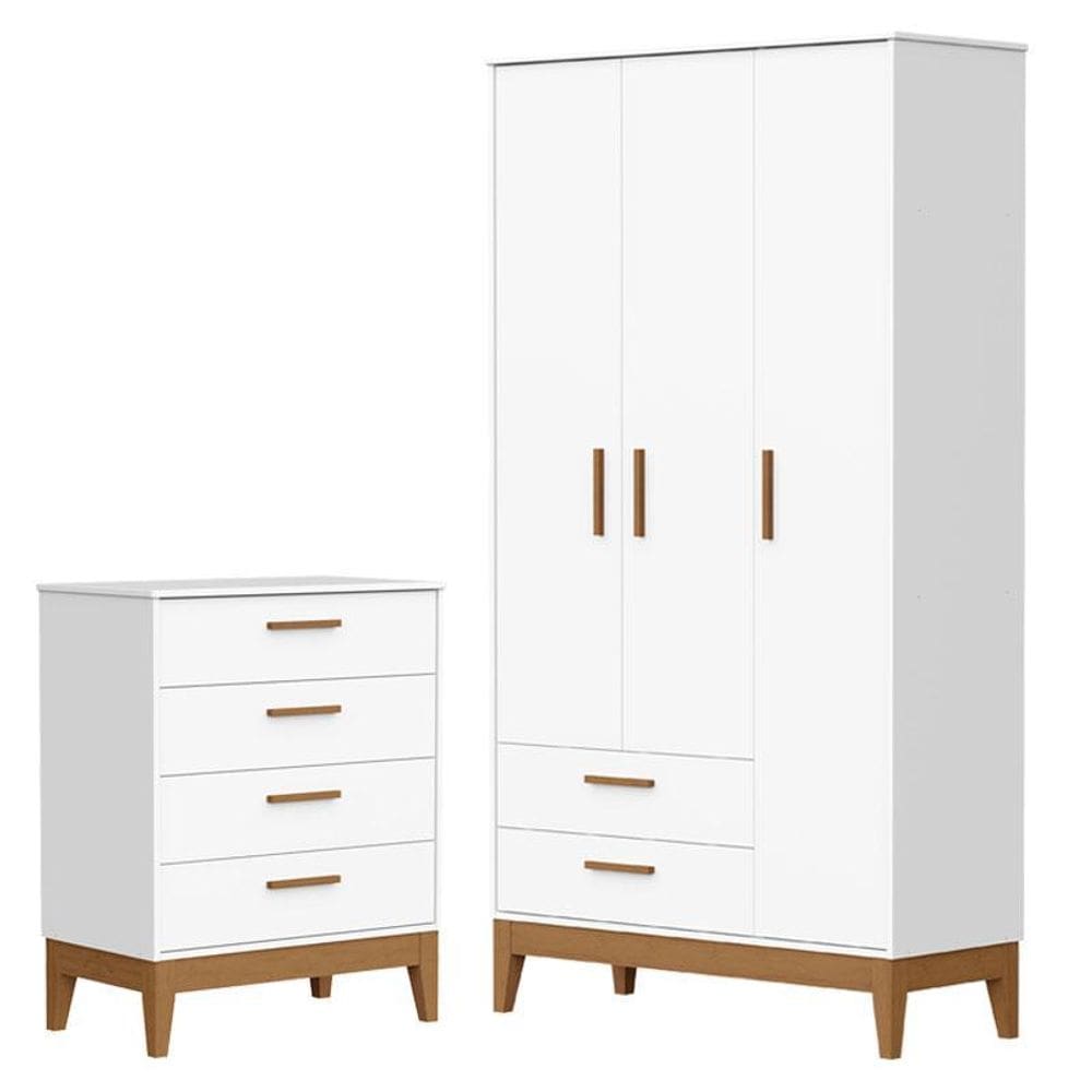 Guarda Roupa Infantil Flip 3 Portas com Cômoda Gaveteiro Infantil Flip Branco Acetinado - Reller