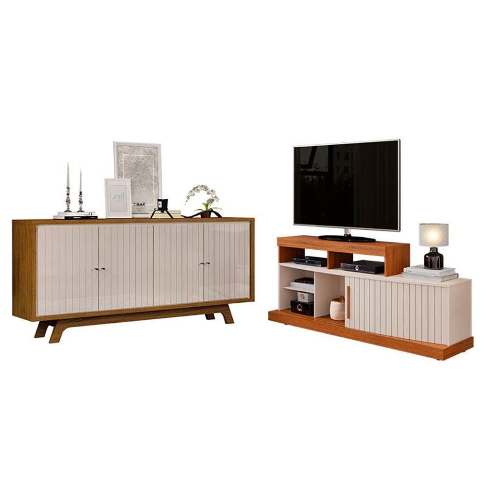 Rack Bancada Valle e Aparador Buffet Salle Freijó Off White  - DJ Móveis