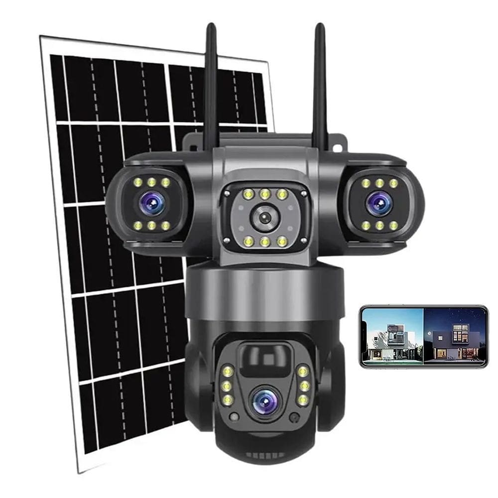 Camera de Segurança Placa Solar WiFi Lente Tripla 360 Graus HD Sensor Movimento Visao Noturna Vigilancia Panoramica