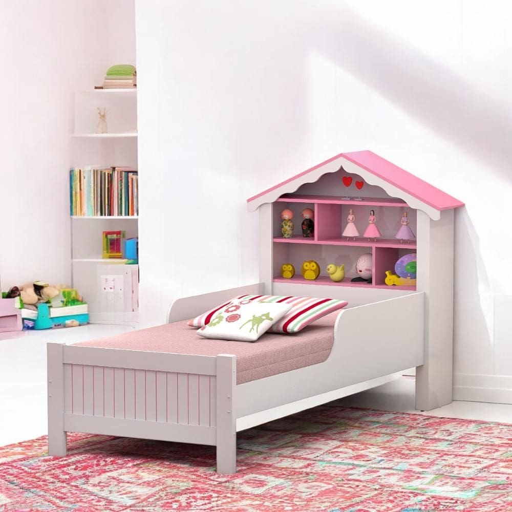 Cama Solteiro Casinha Aquarela Branca e Rosa