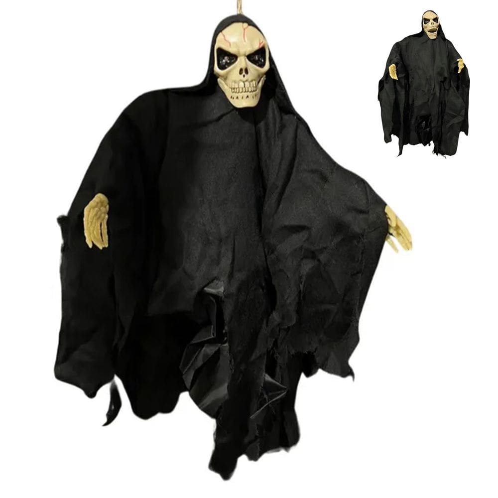 Caveira Fantasma Halloween Esqueleto Dia das Bruxas Festa Tematica Luz Grito Som Barulho Pendura Porta Janela Enfeite