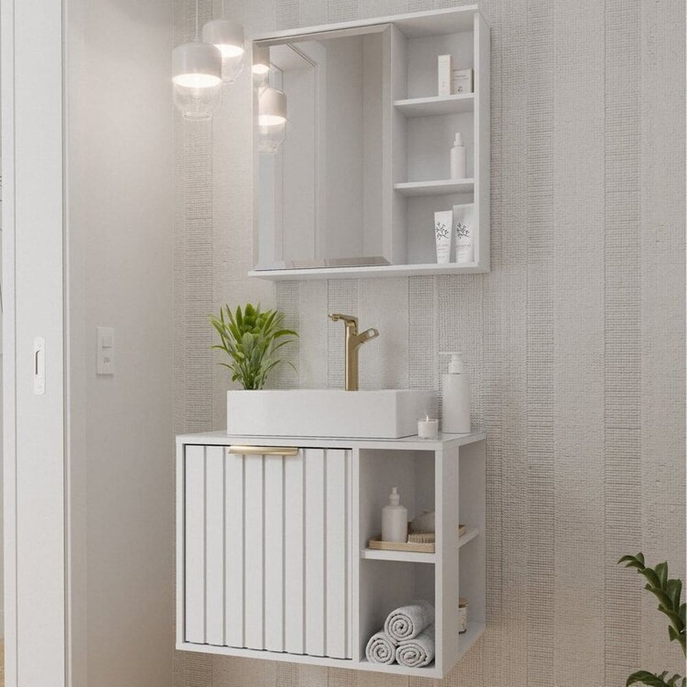 Gabinete Suspenso Banheiro Noruega 60cm com Cuba e Espelheira Treviso Branco