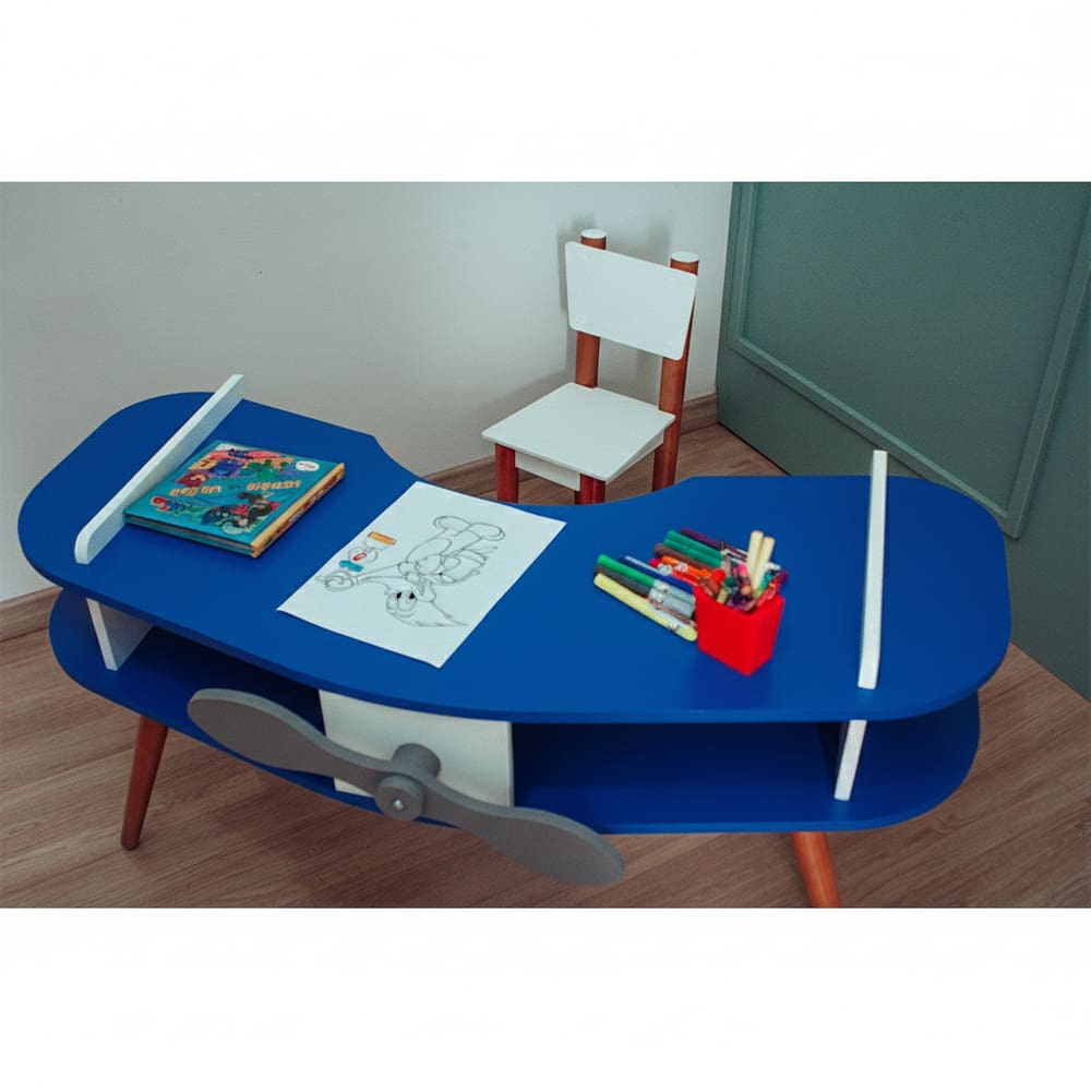Mesa Avião Azul com Cadeira e Hélice e Pés Palito Design Criativo Mesa Desenho Quarto Menina Menino Infantil Decor