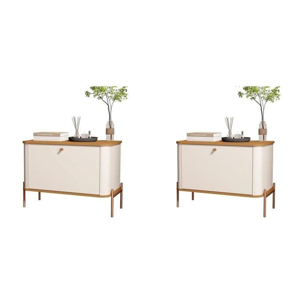 Conjunto com 2 Mesas de Cabeceira Curva 1 Porta Pés e Puxadores em Metal 76cm Tucupí Off White/Marrom/Bronze