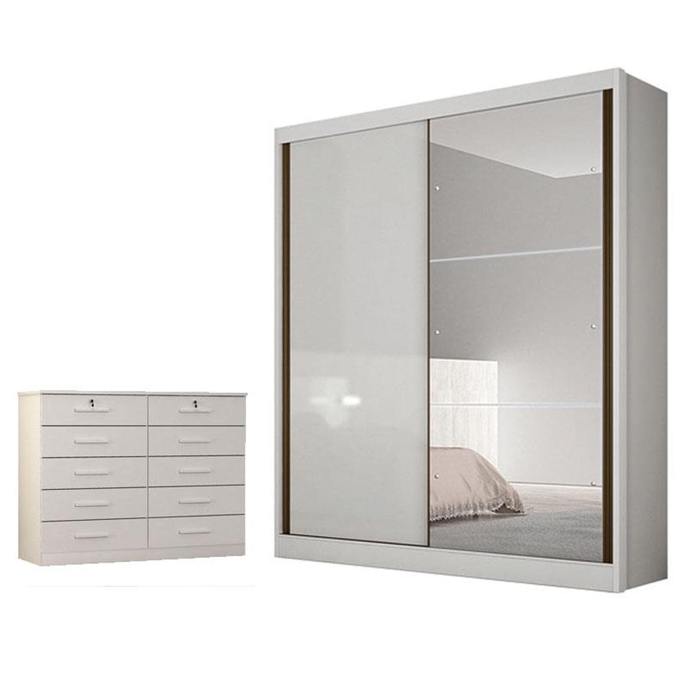 Guarda Roupa Solteiro Dante com Espelho e Cômoda Seul Neve - Novo Horizonte