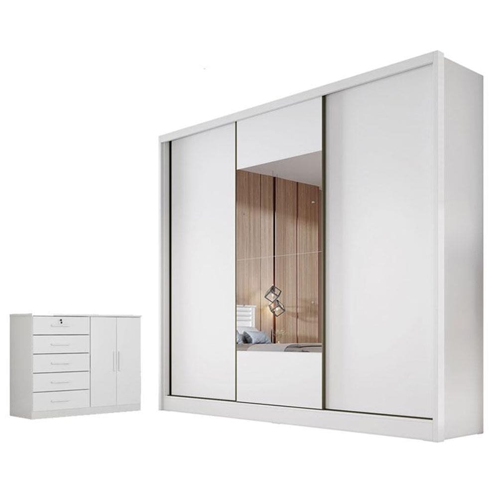 Guarda Roupa Casal Medelim com Espelho e Cômoda Seul Neve - Novo Horizonte