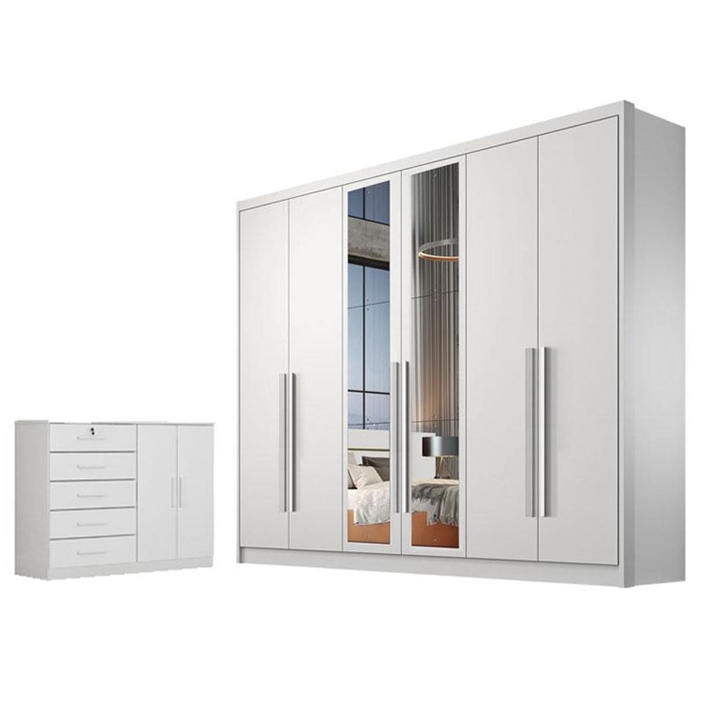 Guarda Roupa Casal Livorno com Espelho e Cômoda Seul Neve - Novo Horizonte