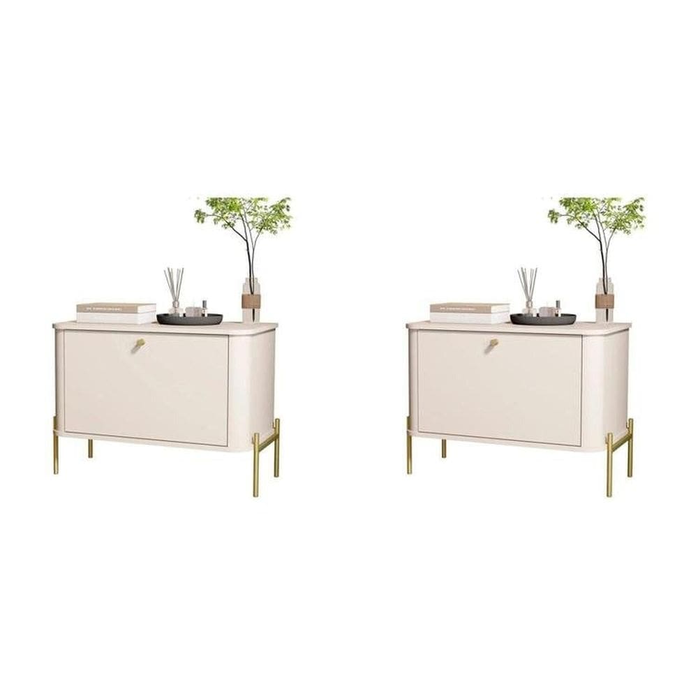 Conjunto com 2 Mesas de Cabeceira Curva 1 Porta Pés e Puxadores em Metal 76cm Tucupí Off White/Dourado