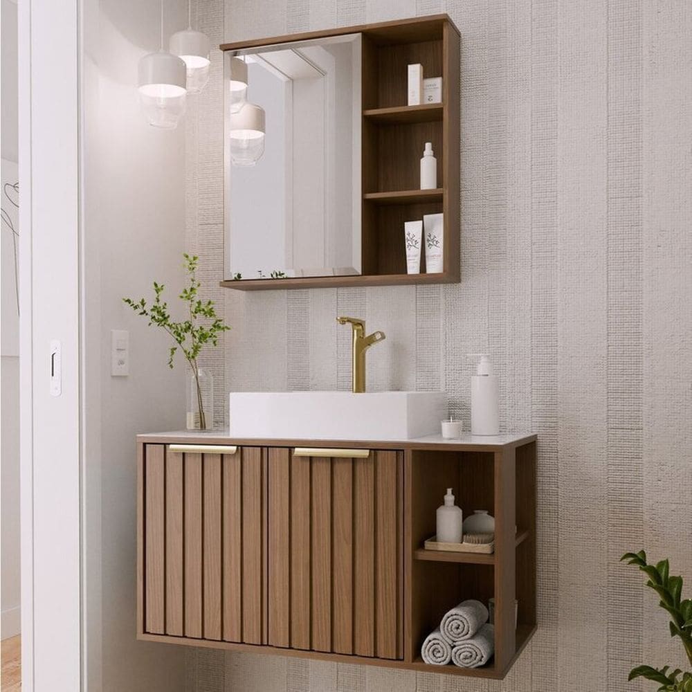 Gabinete Suspenso Banheiro Noruega 80cm com Cuba e Espelheira Treviso Freijó