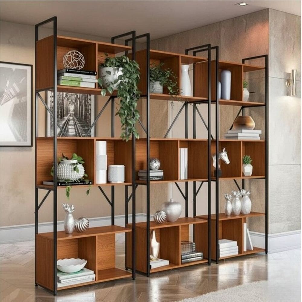 Kit 3 Estantes para Livros 7 Prateleiras 200cmx216cm Office Industrial Canela/Preto Fosco