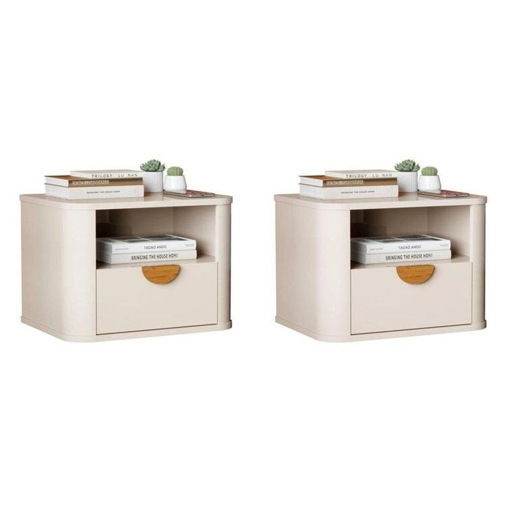 Conjunto com 2 Mesas de Cabeceira Suspensa Curva Buriti com Puxador de Madeira Off White
